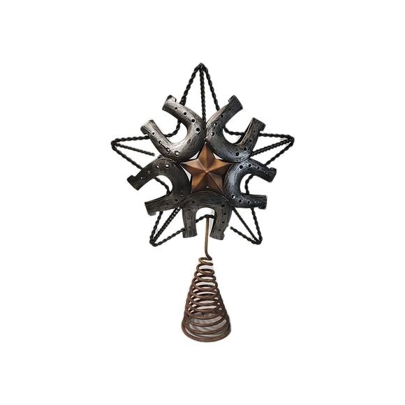 Rustic Metal Horseshoe Star Christmas Tree Topper Western Vintage Style Folk Art - Picture 4 of 6